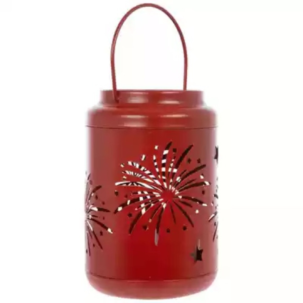 Metal Mason Jar Shape Patriotic Firework Cut Out Lantern Battery Operate NEW